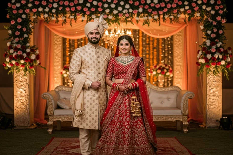 Indian bride and groom in ornate wedding hall, posing under a floral arch and warm lights.