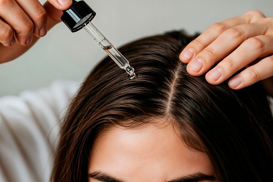 A dropper dispenses liquid onto the part of a person’s scalp for hair treatment.